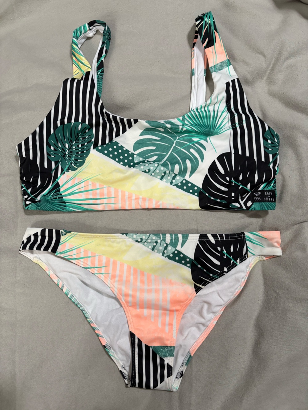 Roxy Women's Tropical Leaf Print Bikini - Black, Green, Peach, Yellow, White - Picture 1 of 7